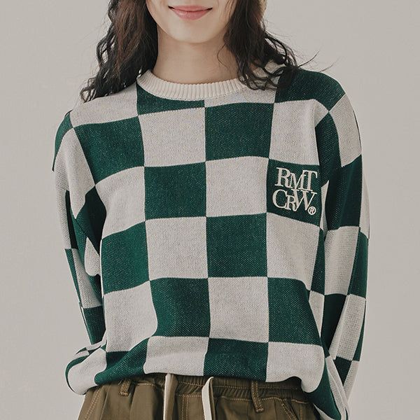 ROMANTIC CROWN（ロマンティッククラウン）の「CHECKER BOARD KNIT TOP_GREEN（Tops）」