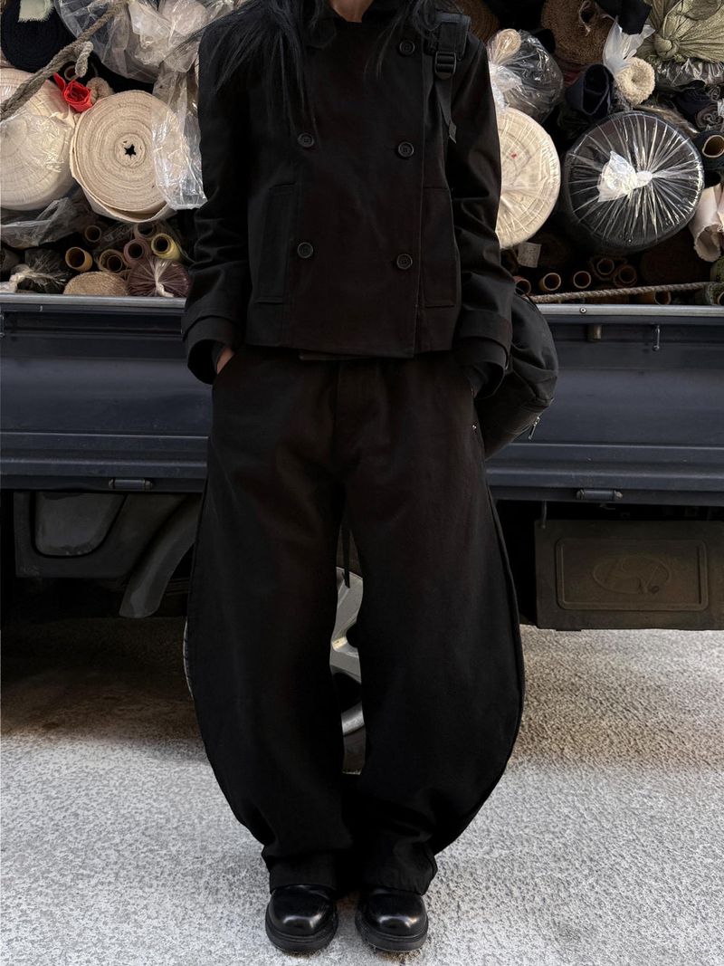  BLACK CURVED COTTON PANTS