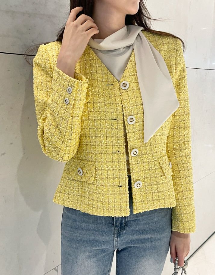Bowl Check V-Neck Pearl Tweed Jacket