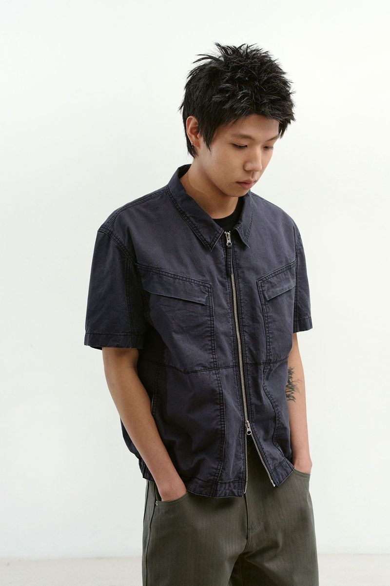 Vintage Washed Flap Pockets Work Shacket (Washed Charcoal)