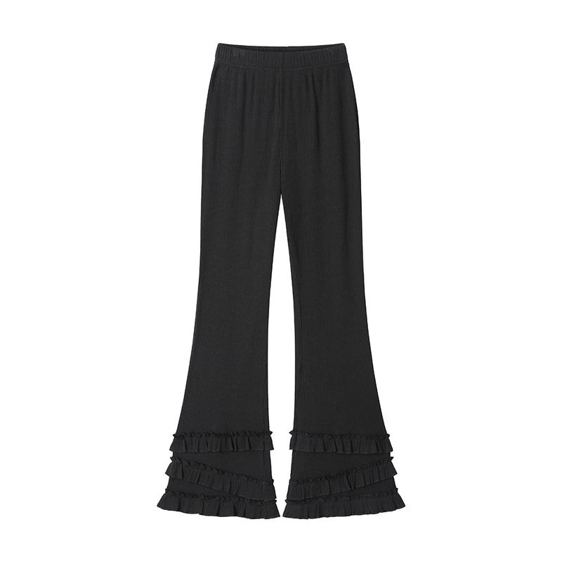 Ribbed Frill Legging Pants - Black