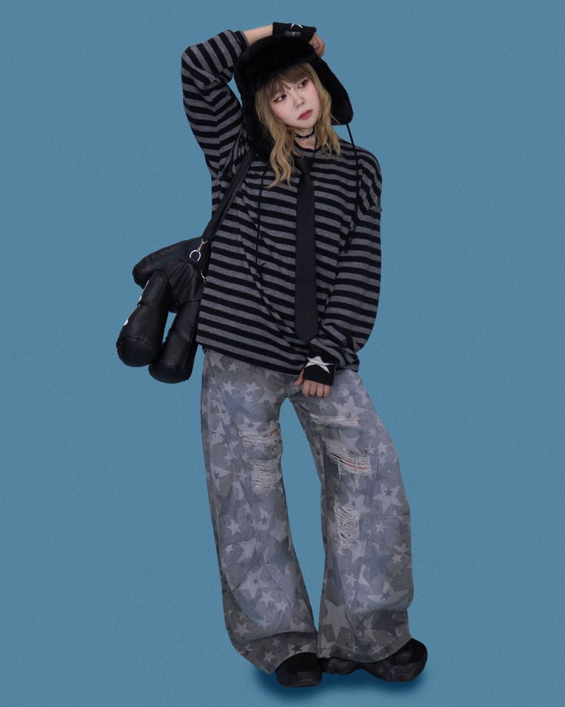 star damage denim pants