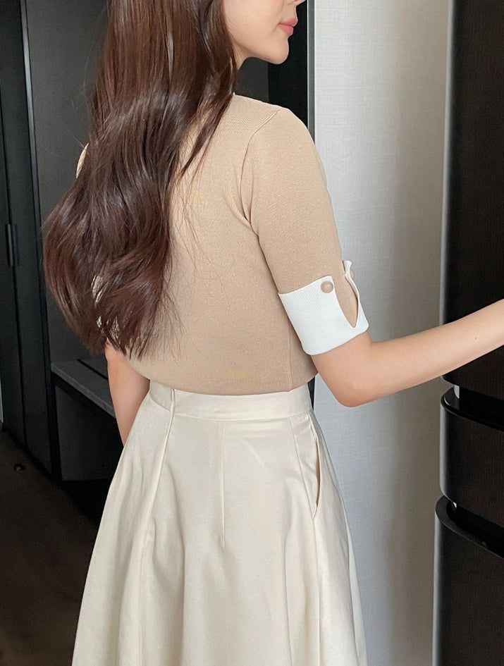 Ez Color Matching Button Short Sleeve Collar Knit