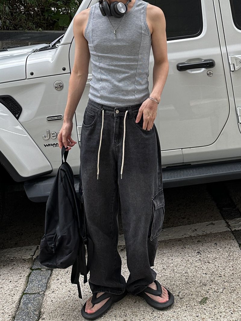String Wide Cargo Denim PT