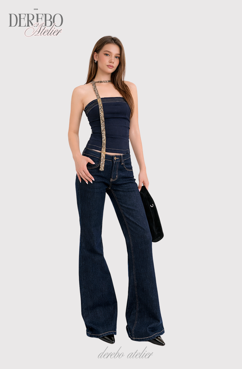 Deep green paper flared long denim pants