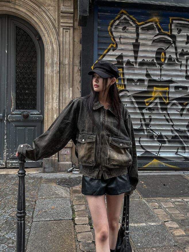 Vintage washed balloon collar denim jacket