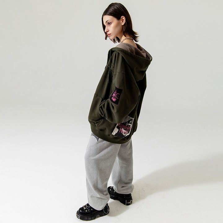 FRINGE PATCH ZIP UP HOODIE