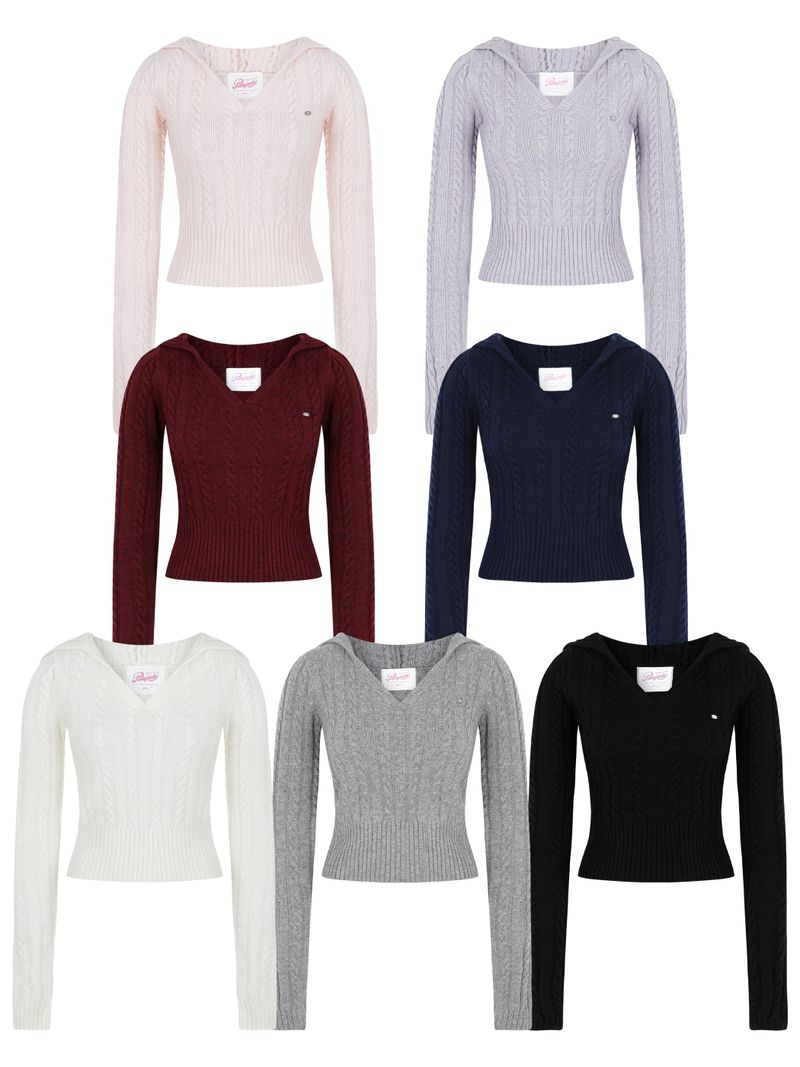 Cable V-Neck Hooded Knit
