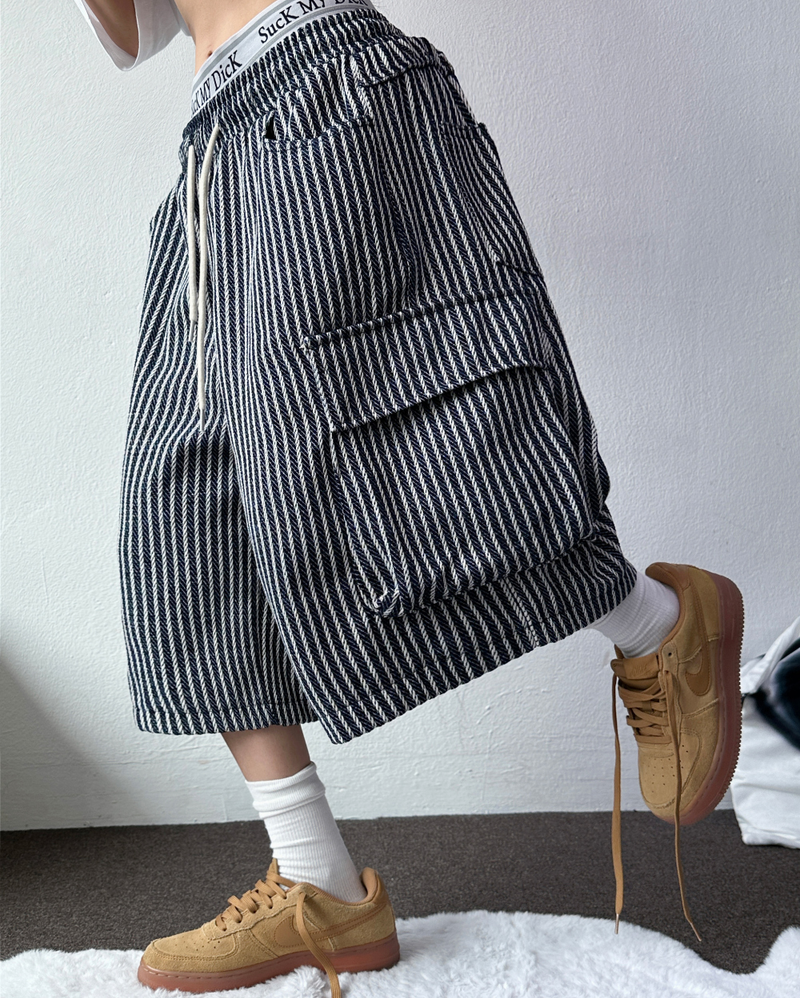 STRIPE CARGO BALLOON BERMUDA 💙🖤🤍2COLOR