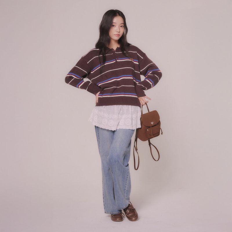 mellotory（メロートリー）の「STRIPE KNIT COLLAR SHIRT (BROWN)（Tops）」
