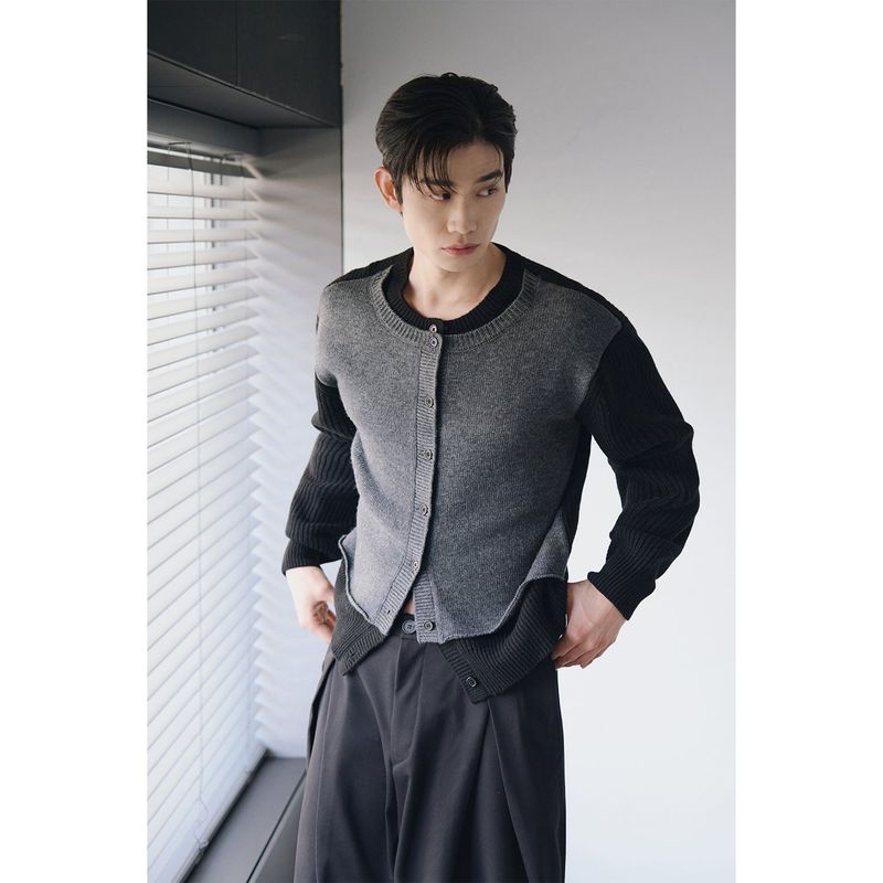 Layered wool knit cardigan(Black)