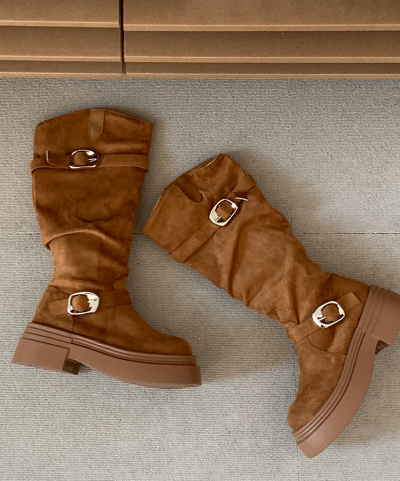 line suede buckle slouch long bootS