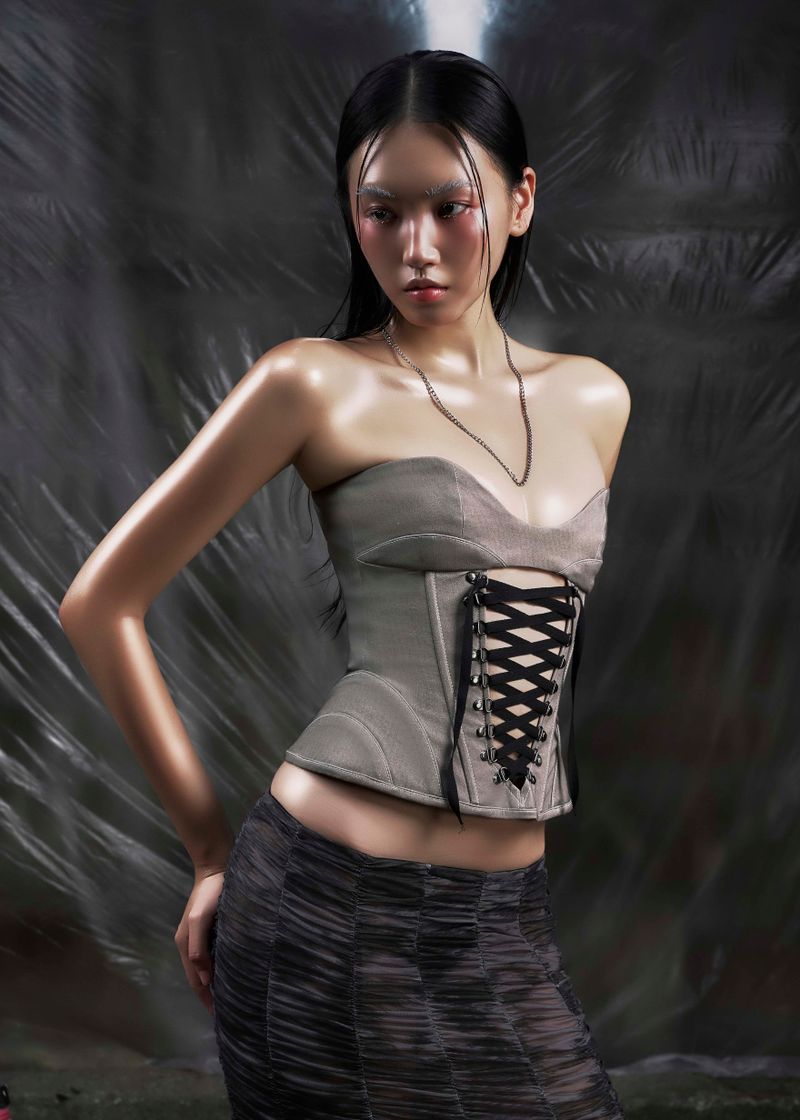 NONE Gray Lace Up Corset