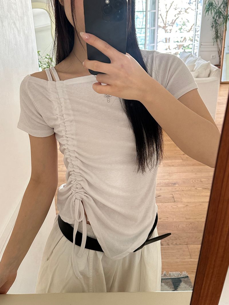 Side shirring off shoulder t-shirts(3color)