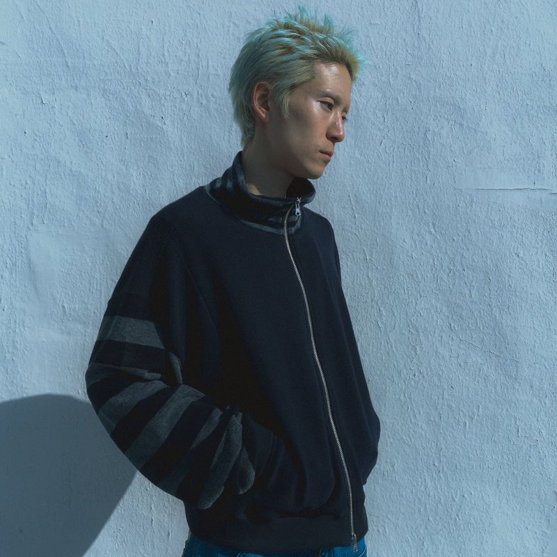 Stripe knit zip-up jacket / Navy