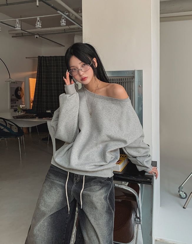 Parts Lettering Brushed Off-Shoulder Sweatshirt