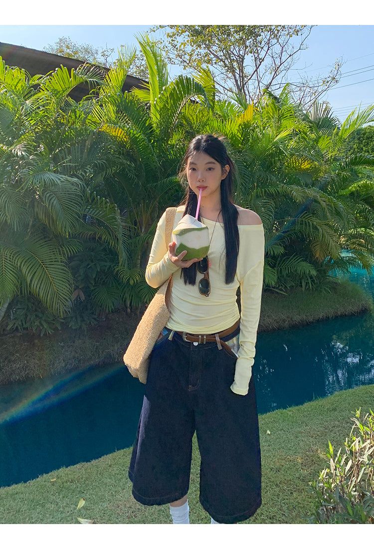 Checked pocket dark blue wide cropped denim
