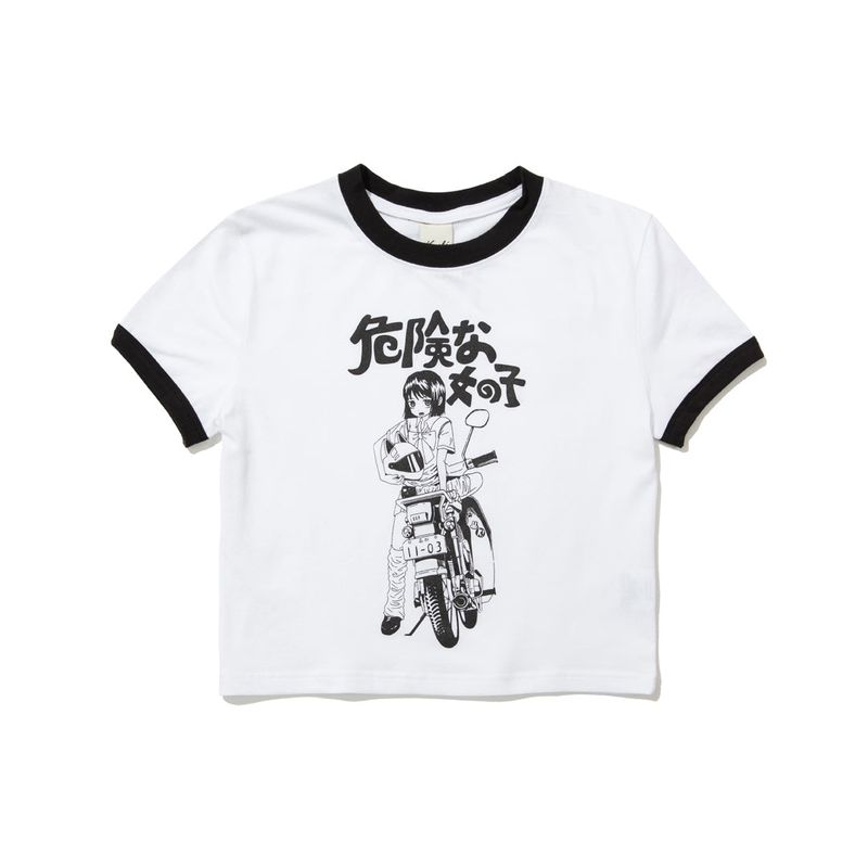 KRUCHI（クルチ）の「A MOTORCYCLE GIRL Ringer Crop T-Shirt (WHITE)（Tops）」