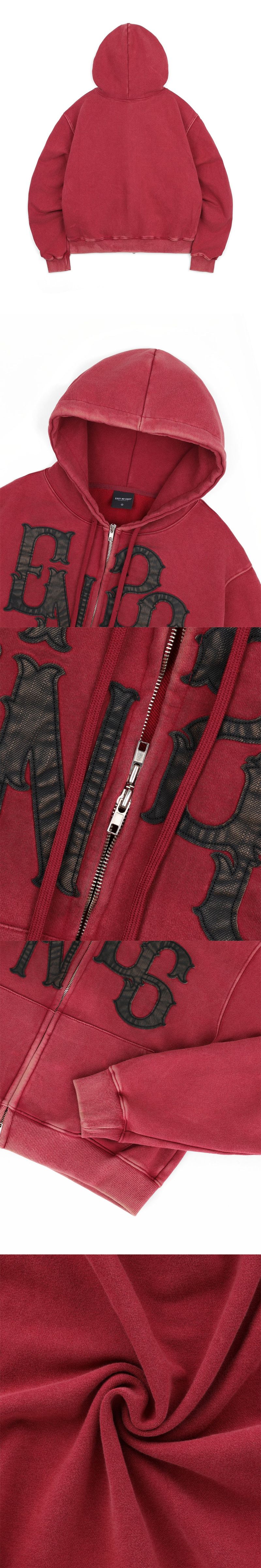 Washed Leather Patch Hooded Zip-Up - Wine