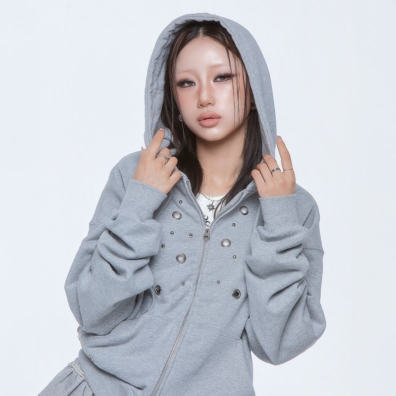 (DUC) Eyelet Stud Hoodie Zip-up Gray