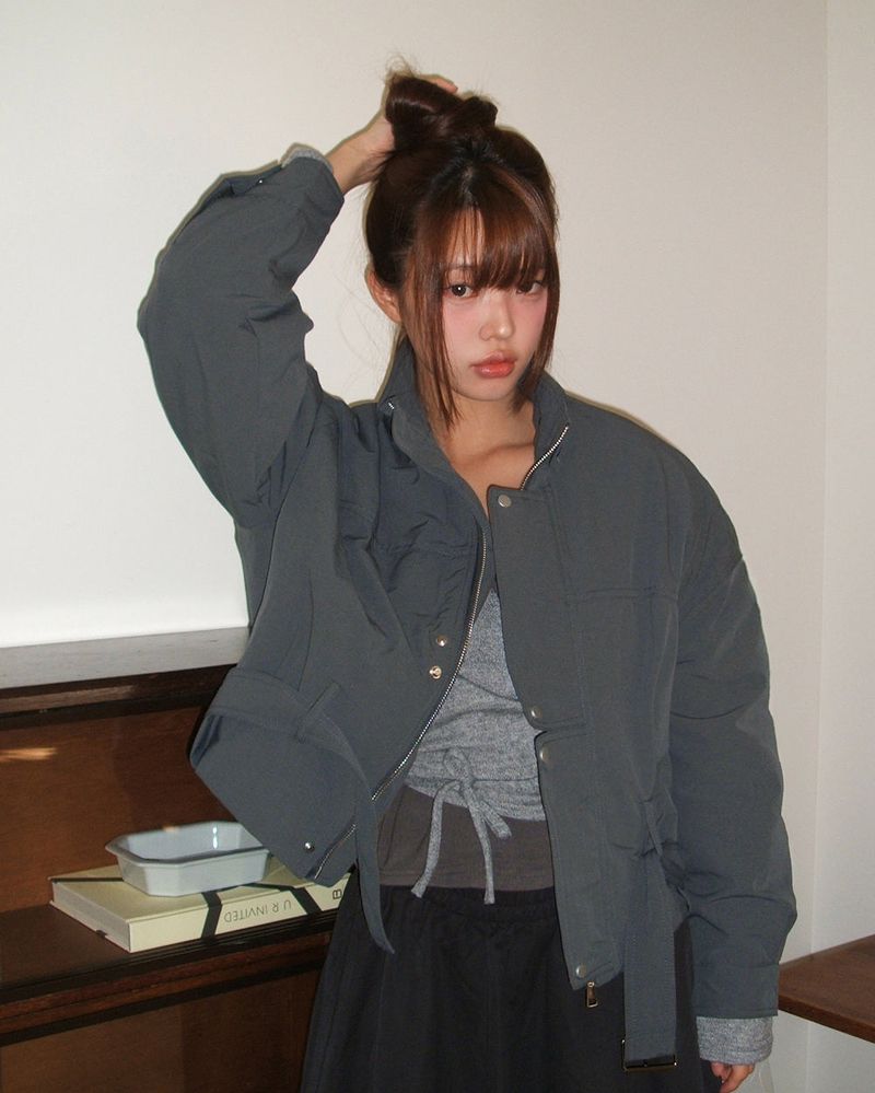 Risha No-Collar Strap Button Quilted Cotton Field Jacket