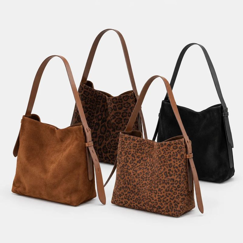 Vintage Leopard Suede Bucket Shoulder Bag 2-Way