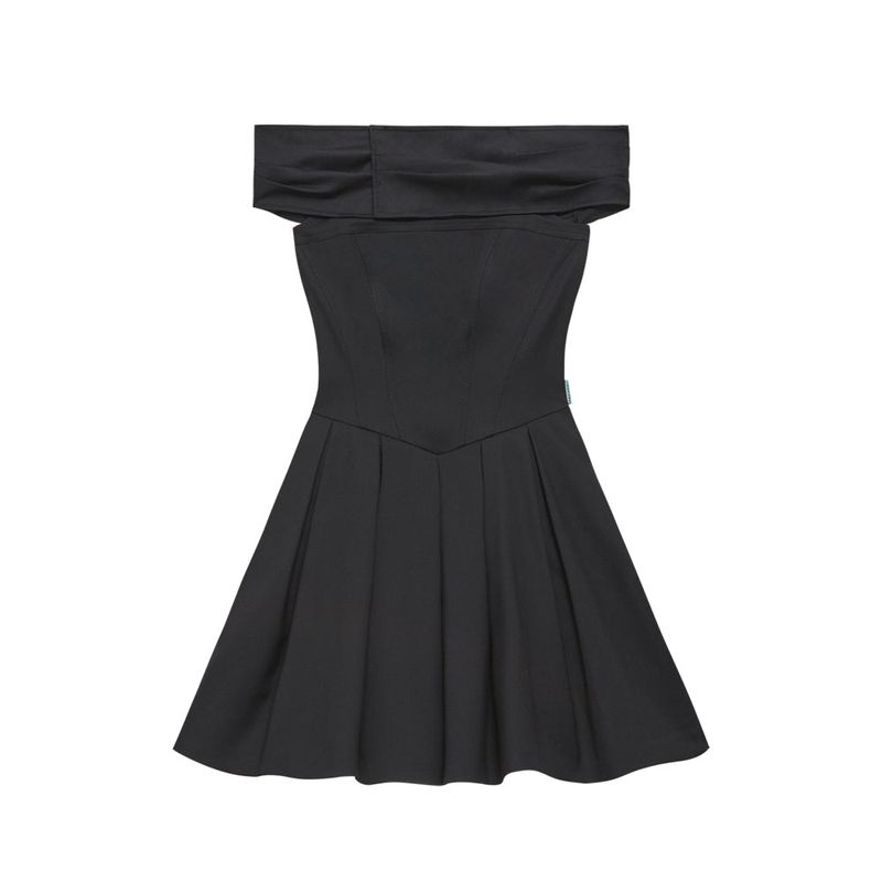 Off-the-shoulder flared mini dress