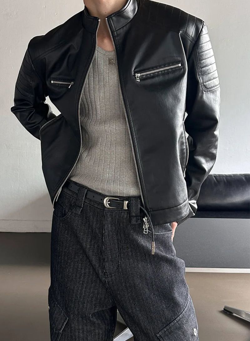 [LAURANTSEOUL] Biker crop leather jacket(2color)