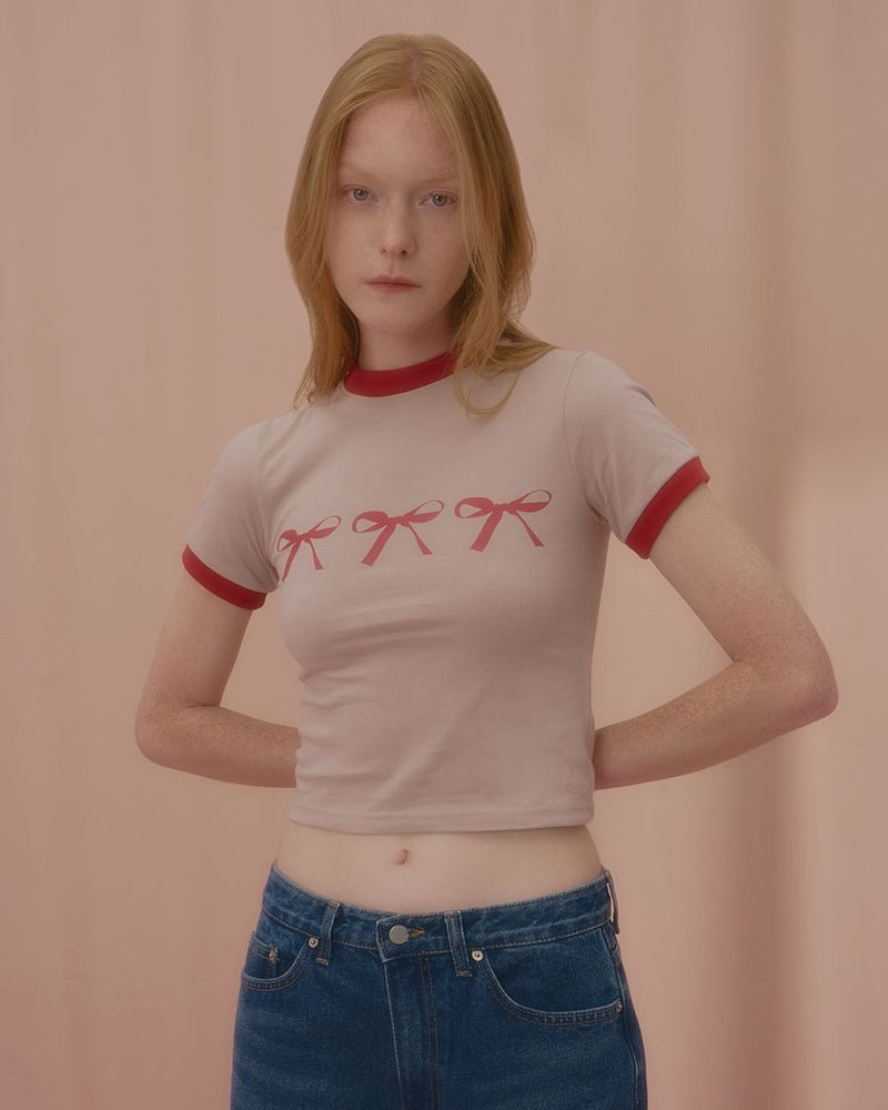 TRIPLE RIBBON RINGER TSHIRT-BEIGE