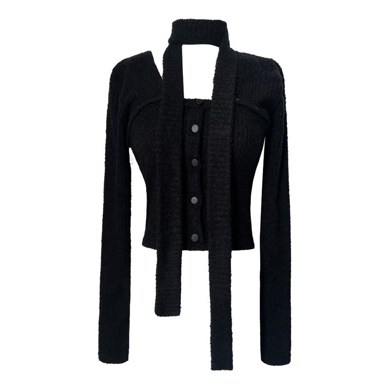 Winter wool square neck button ribbed long sleeve muffler SET (3 colors)