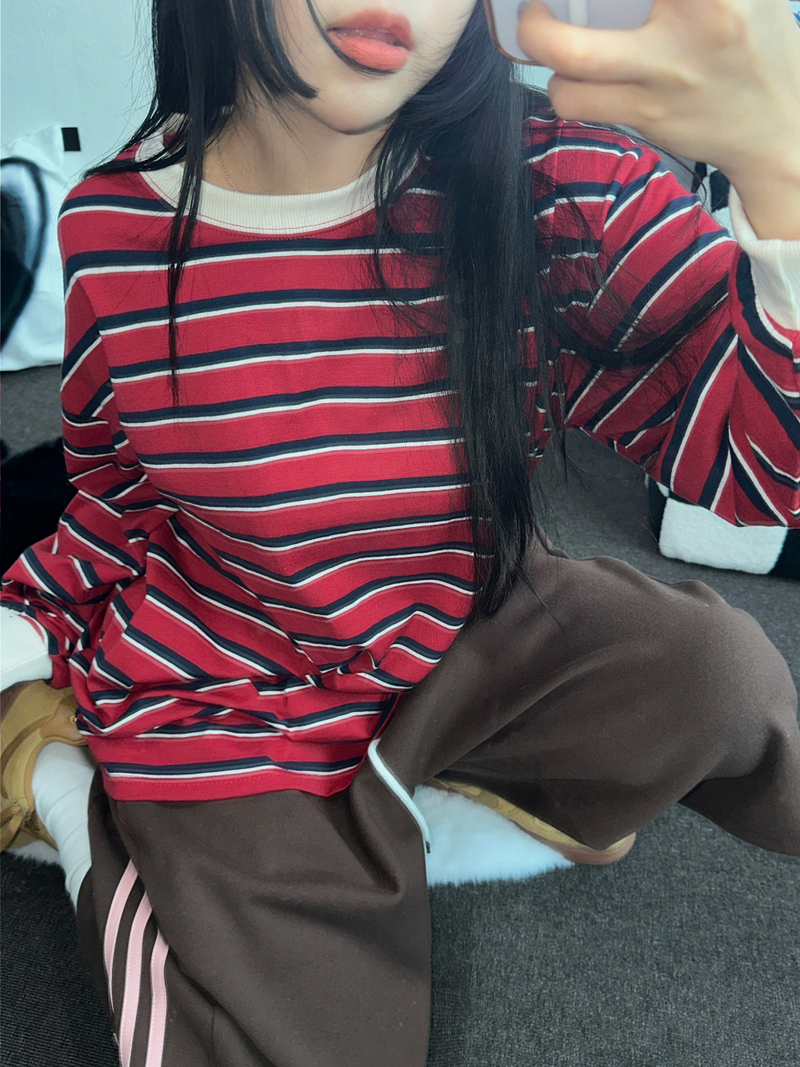 CCORTTI（コルッティ）の「STRIPE OVER BOXY BOYFRIEND LONG SLEEVE T SHIRT ❤💚🩵🧸4COLOR（Tops）」