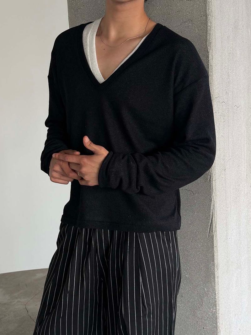 Linen deep v neck knit(4color)