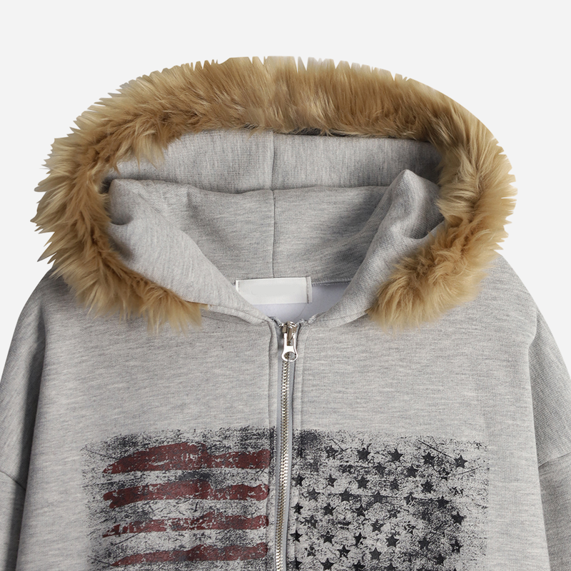 Flag Crop Napping Zip-up Hoodie