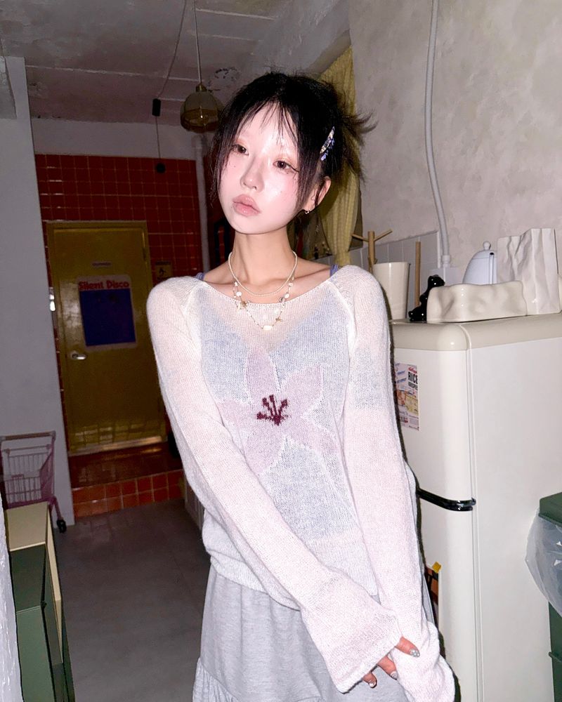 (3color) Soft Flower Sheer Wool Knit