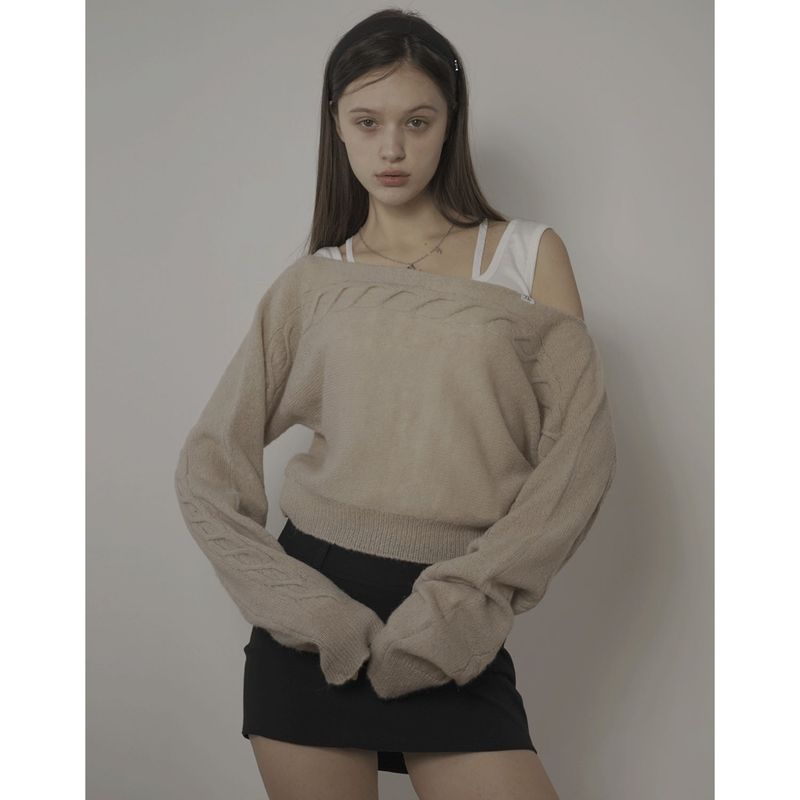 CABLE BOAT NECK KNIT-BEIGE