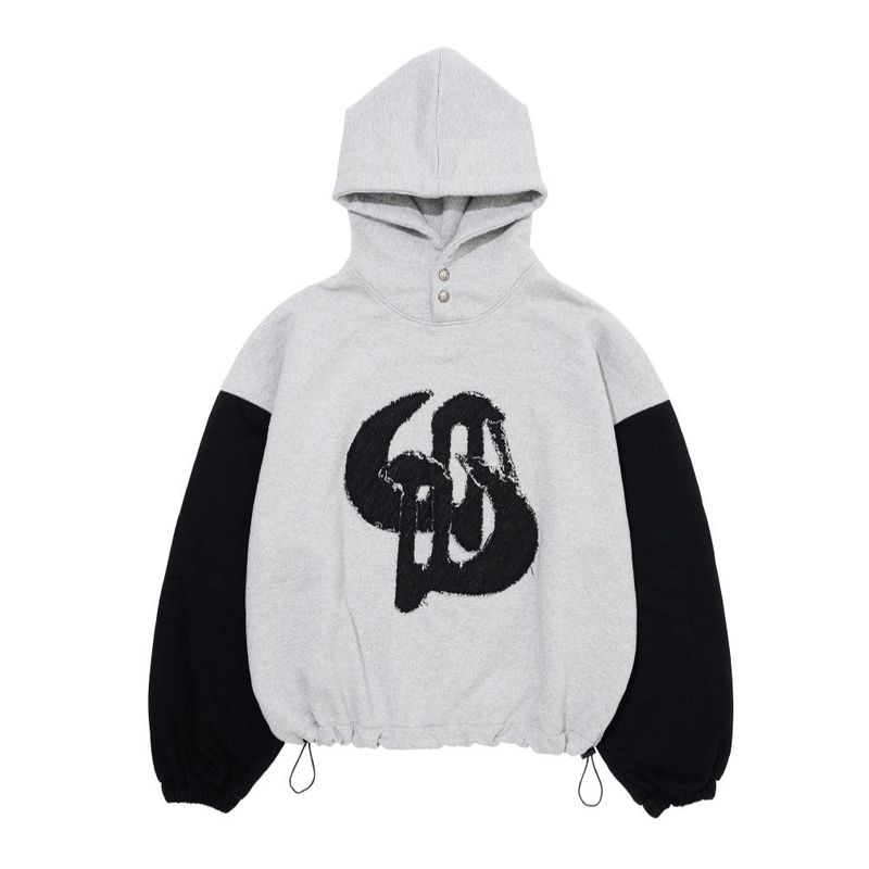 Don't Ask My Plan (DAMP)(ドントアスクマイプラン)の「WASHED DENIM APPLIQUE SHORT HOODIE_TWO TONE GRAY/BLACK(Tops)」