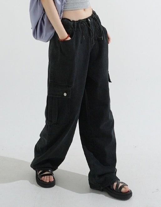 ストリングウエストワイドカーゴデニムパンツ