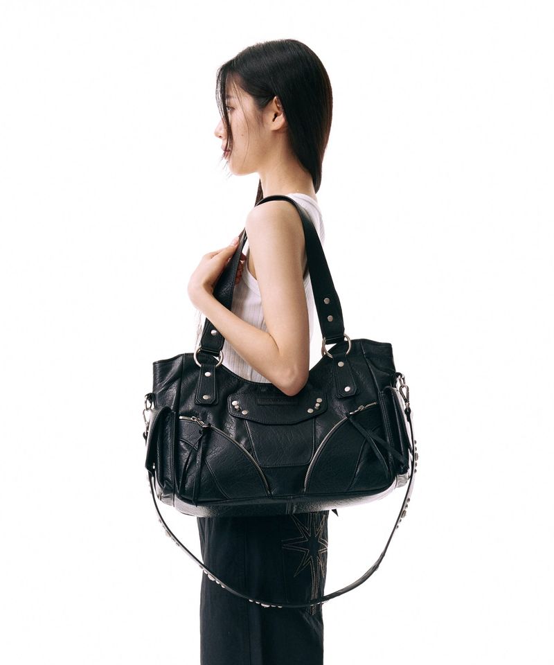 Studded Leather Shoulder Bag (Black)
