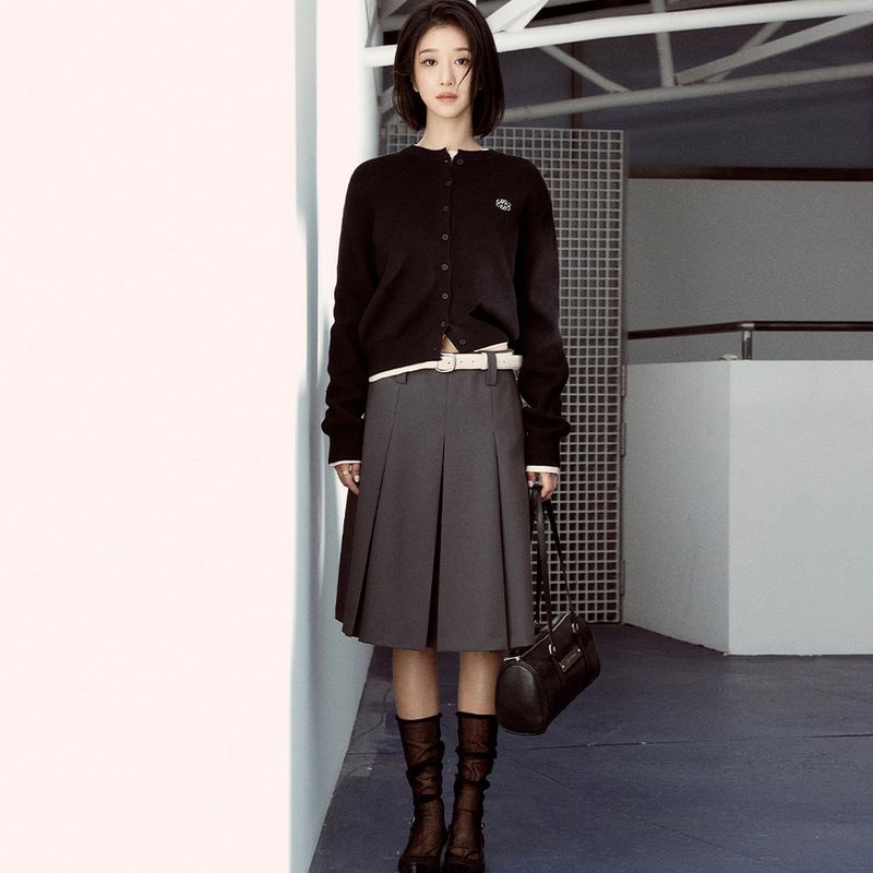 LOW-RISE MIDI PLEAT SKIRT_GRAY