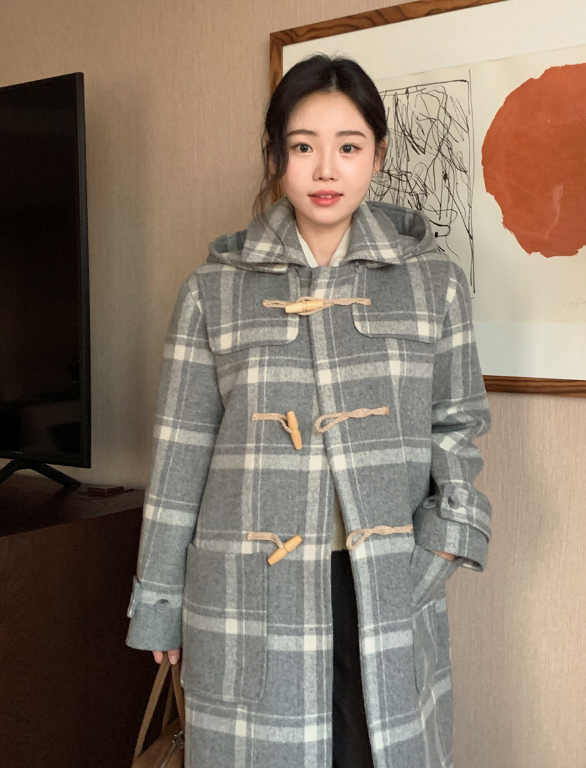 [SHOPPERMADE] Ash Gray Check Wool Long Duffle Coat
