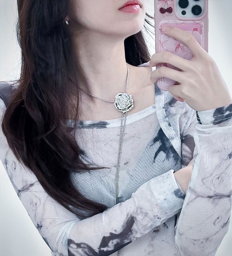 silver rose tie necklace