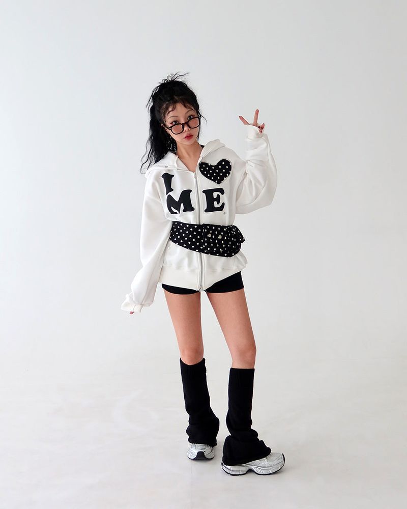 Heart patch oversized-fit hooded zip-up