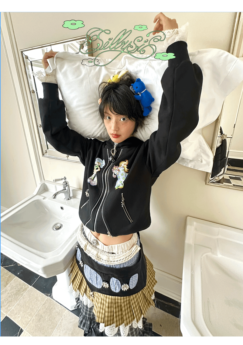 sillysis 黒のかわいい女の子イラスト、両頭金属ジッパー構造感スウェットパーカー