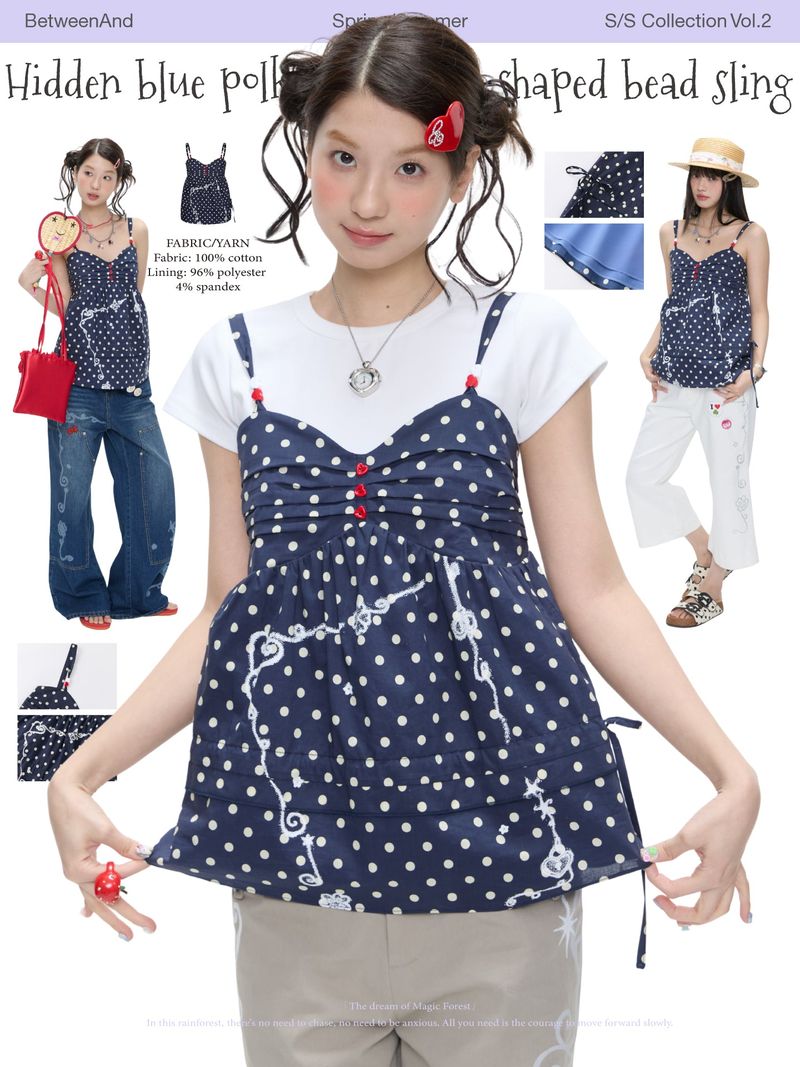 BETWEENAND「Lake Shore Letters」 Summer navy blue polka-dot heart-shaped beaded tank top that can be worn over other shirts