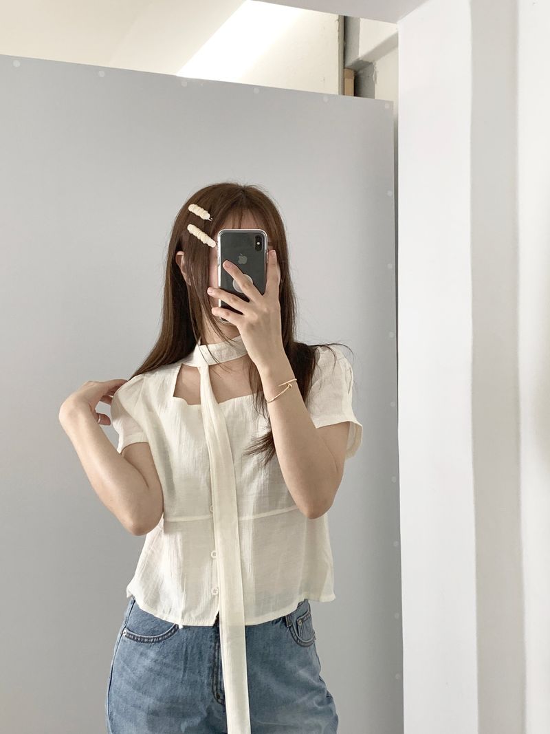 Blian Puff Short Sleeve Blouse Scarf Tie Set