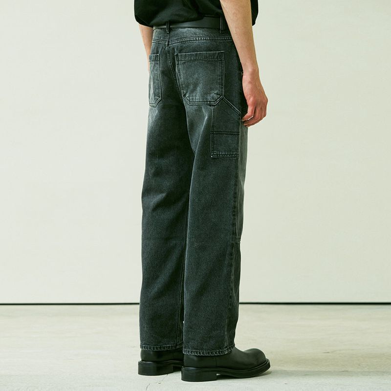 STRAIGHT DOUBLE KNEE WASHED DENIM PANTS BLACK