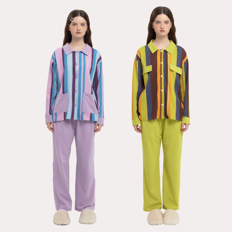 muabomb_home（ムアボム）の「ロイヤル パープル アンド エメラルド グリーン コントラスト ストライプド スリープセット - 95% Cotton 5% Spandex Relaxed Pajamas（トップス）」