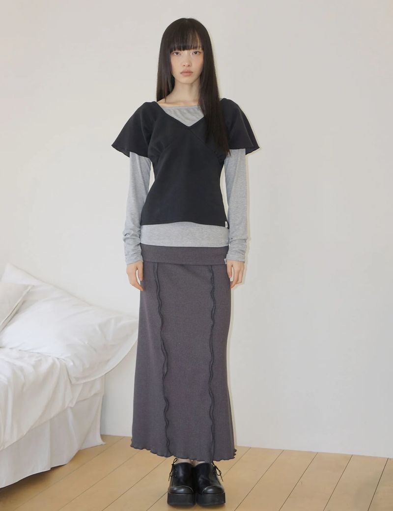 WRAP SHIRRING TOP(BLACK)