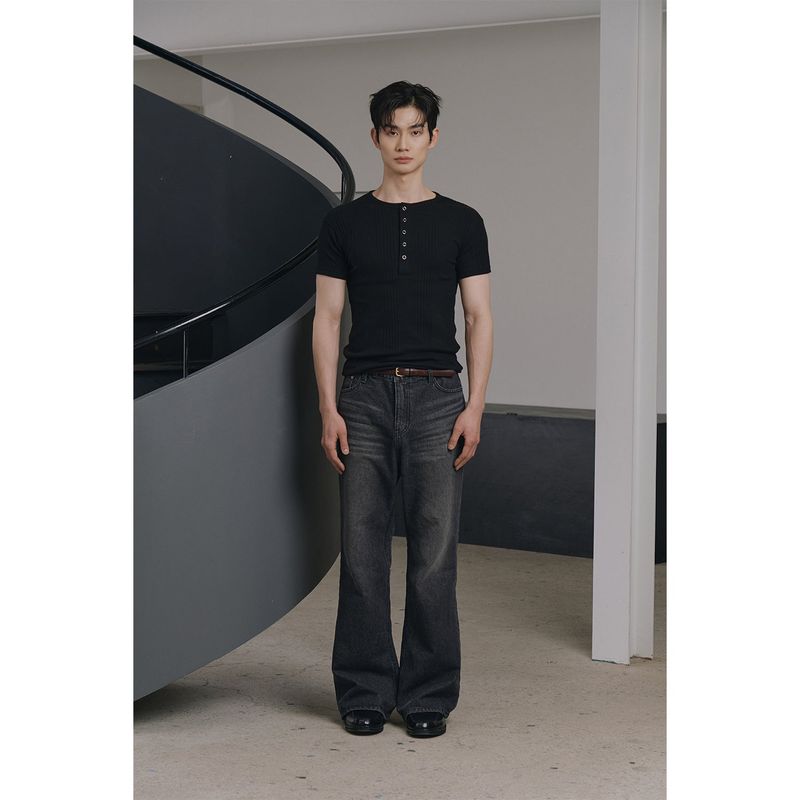 High ribbed henry neck half sleeves(Black)