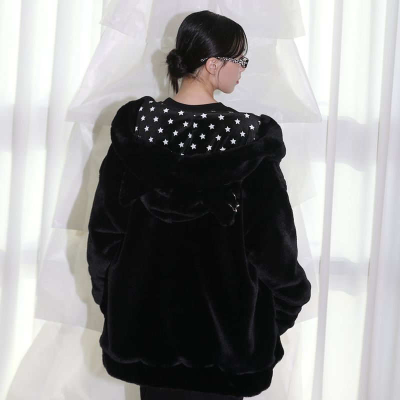 Cat Ear Fur jacket -  BLACK